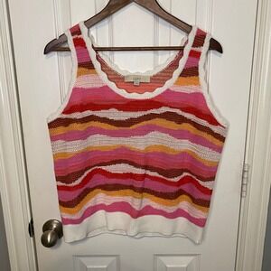 LOFT Knit Sweater Top Womens Large Pink Orange Stripe Scallop Trim Cottagecore